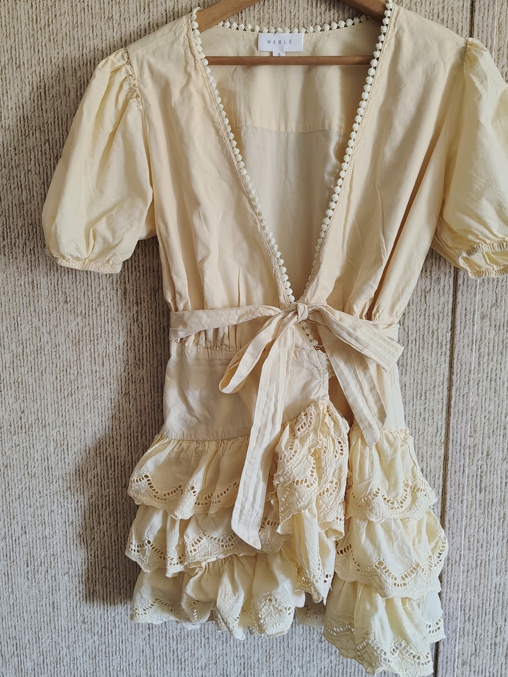 Mable Butter Yellow Puff Sleeve Ruffle Trim Wrap Mini Dress, Size Small